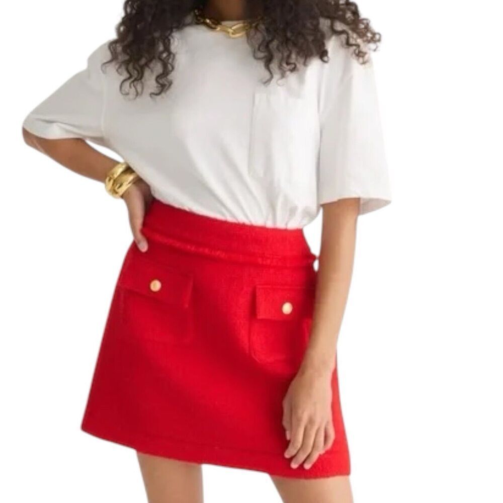 JCREW Skirt 00 Red Wool Blend Tweed Patch Pocket Mini Gold Button Festive Preppy